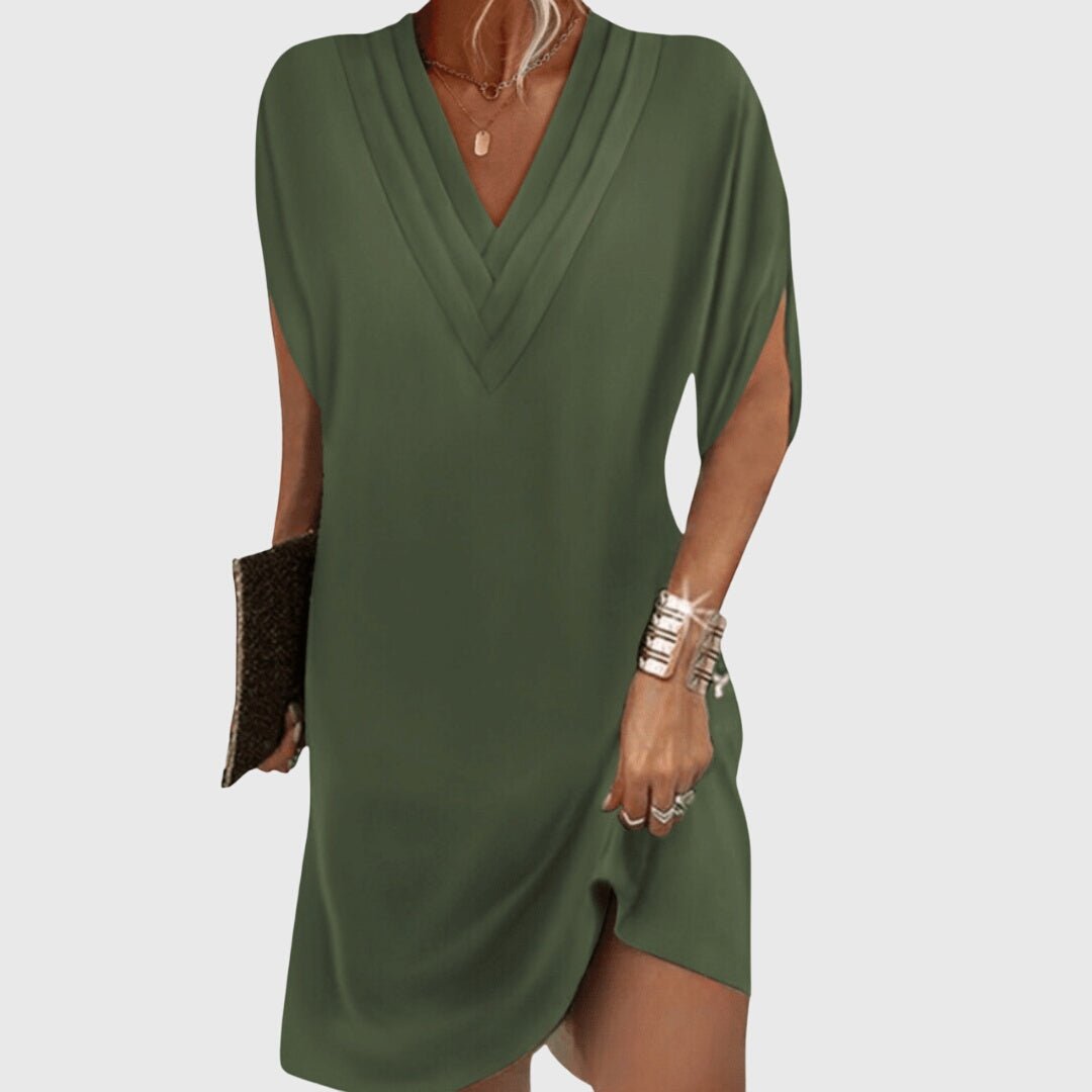 Elegant summer midi dress for women featuring a flattering V-neckline and a tummy-hiding design, perfect for stylish and comfortable outings. 0